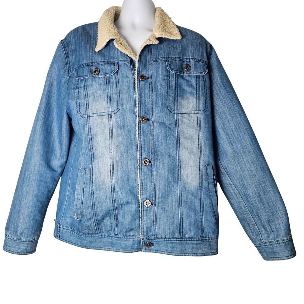 Denim Sherpa Lined Trucker‎ Jacket Mens Blue Black Jeans Casuals Outdoor Cozy XL